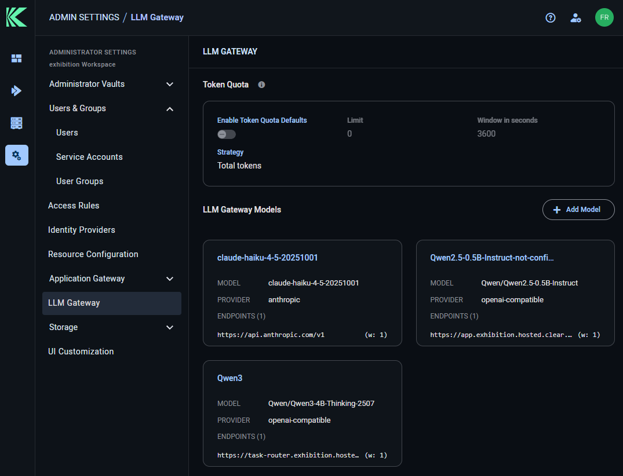 LLM Gateway admin settings showing token quota defaults, strategy, and configured LLM Gateway models