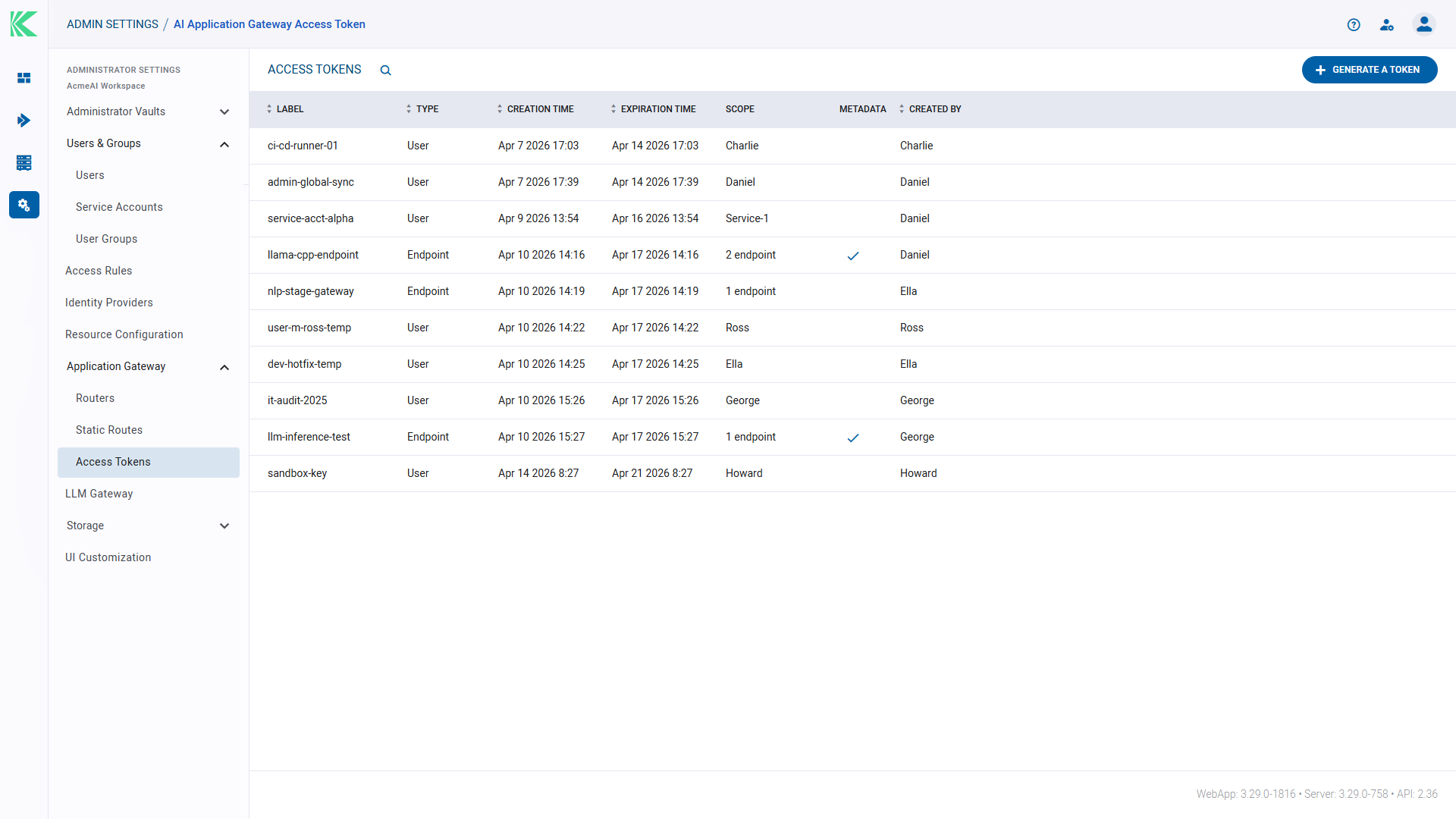 Klique Access Tokens screen listing generated tokens with their type, creation and expiration time, scope, and creator
