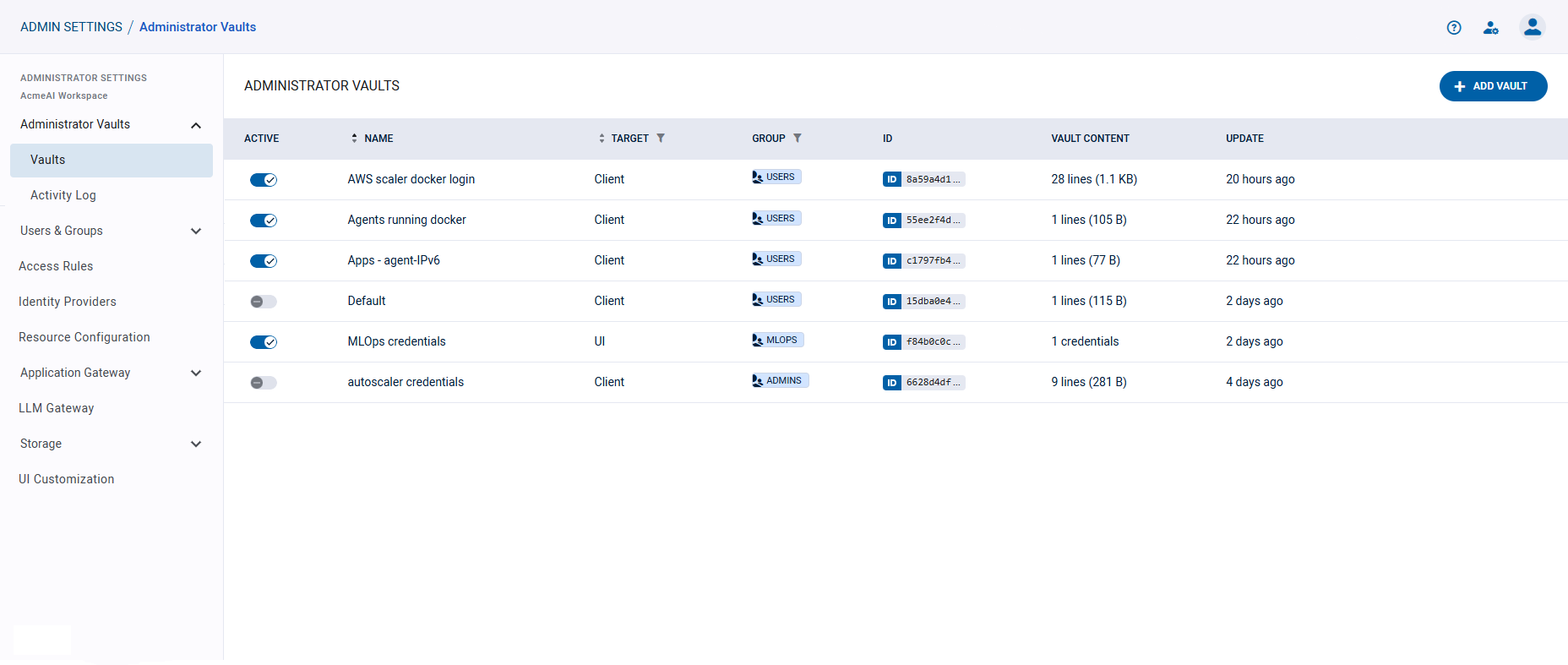 Klique Administrator Vaults screen listing configured vaults with their active state, target, group, and last update time