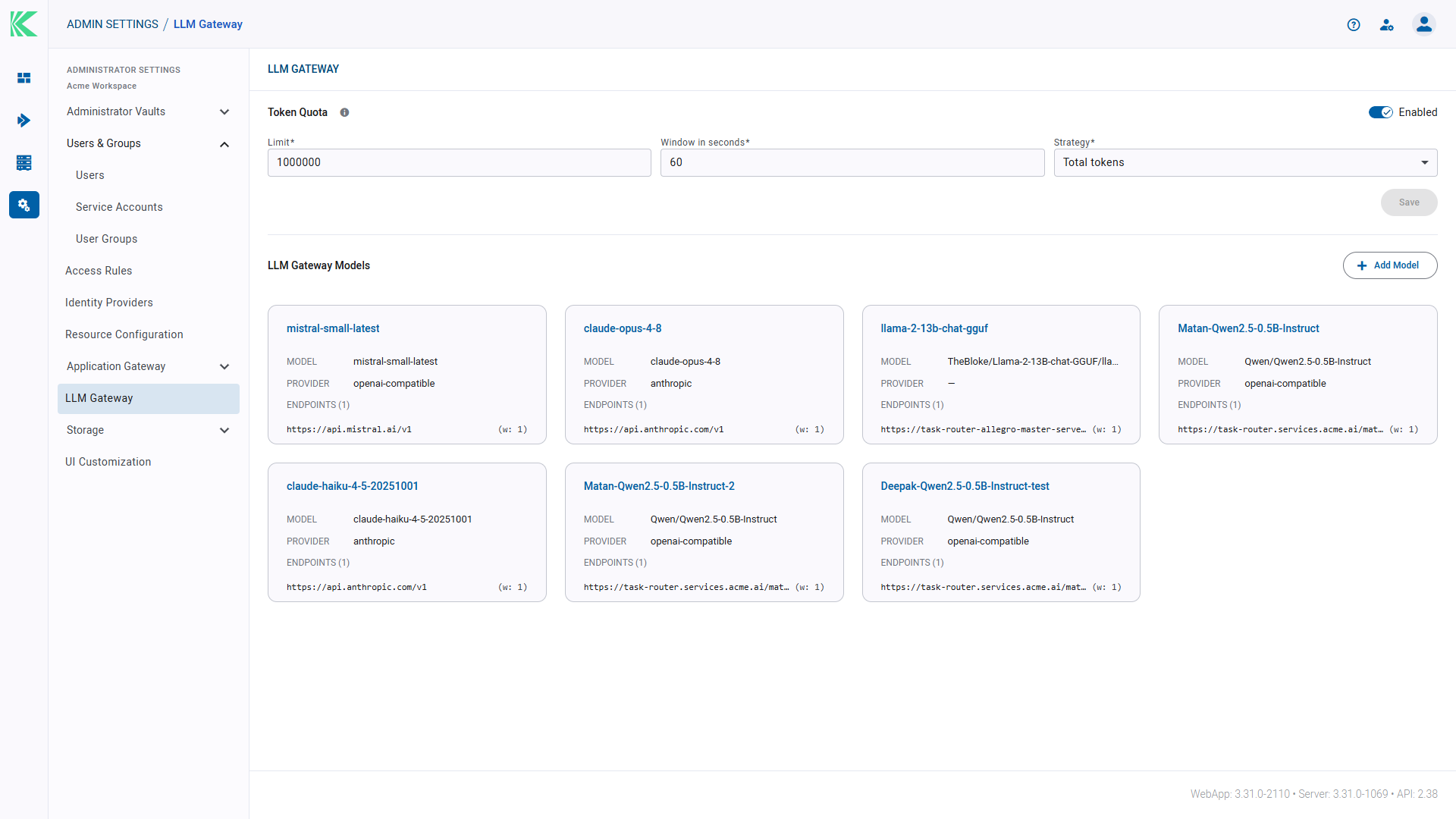 Klique Administrator Settings, LLM Gateway screen listing configured models with their provider, endpoints, and token quota