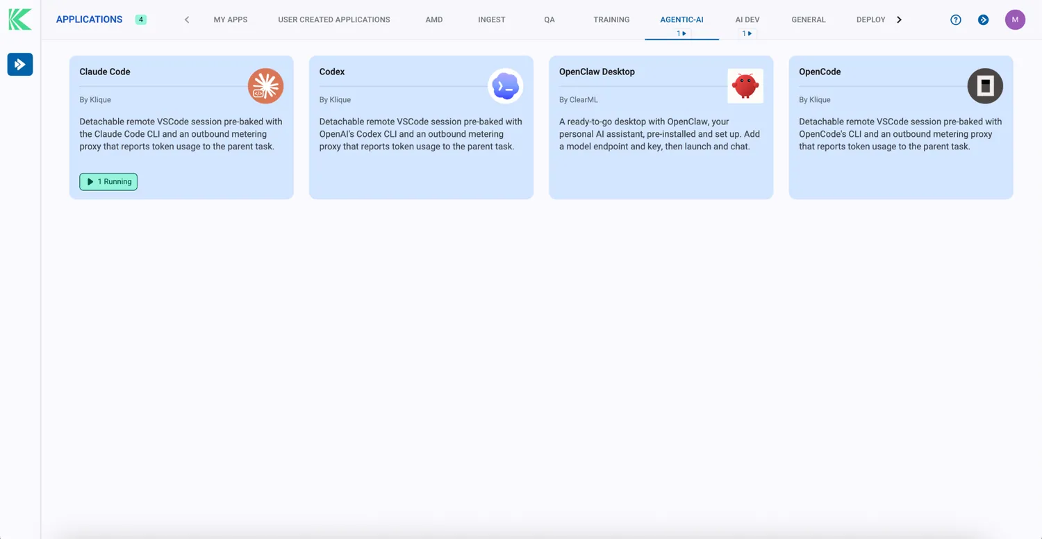 Klique portal showing agentic environment tiles: Claude Code, Codex, OpenClaw Desktop and OpenCode