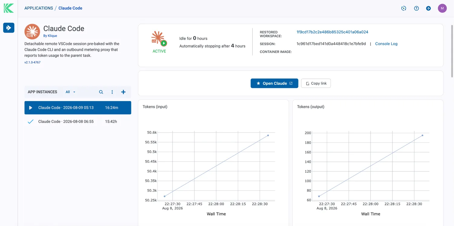 Klique application page for a running Claude Code session with restored workspace and token metering