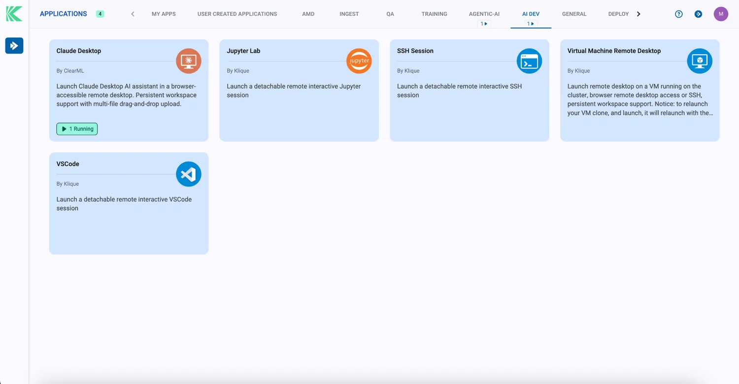 Klique portal showing development environment tiles: Claude Desktop, Jupyter Lab, SSH session, virtual machine remote desktop and VSCode